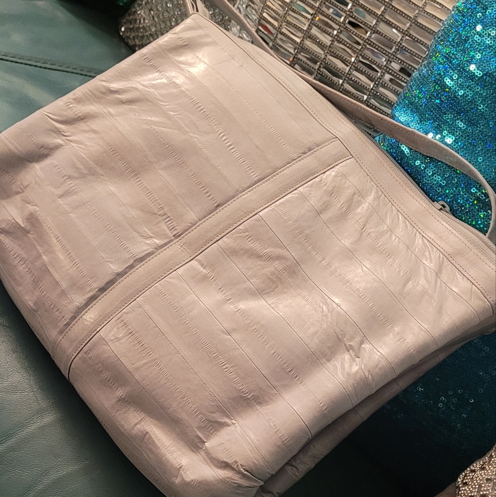 Elegant White/Pearl Gray Eelskin Leather Women's Shoulder Bag, New In Bag